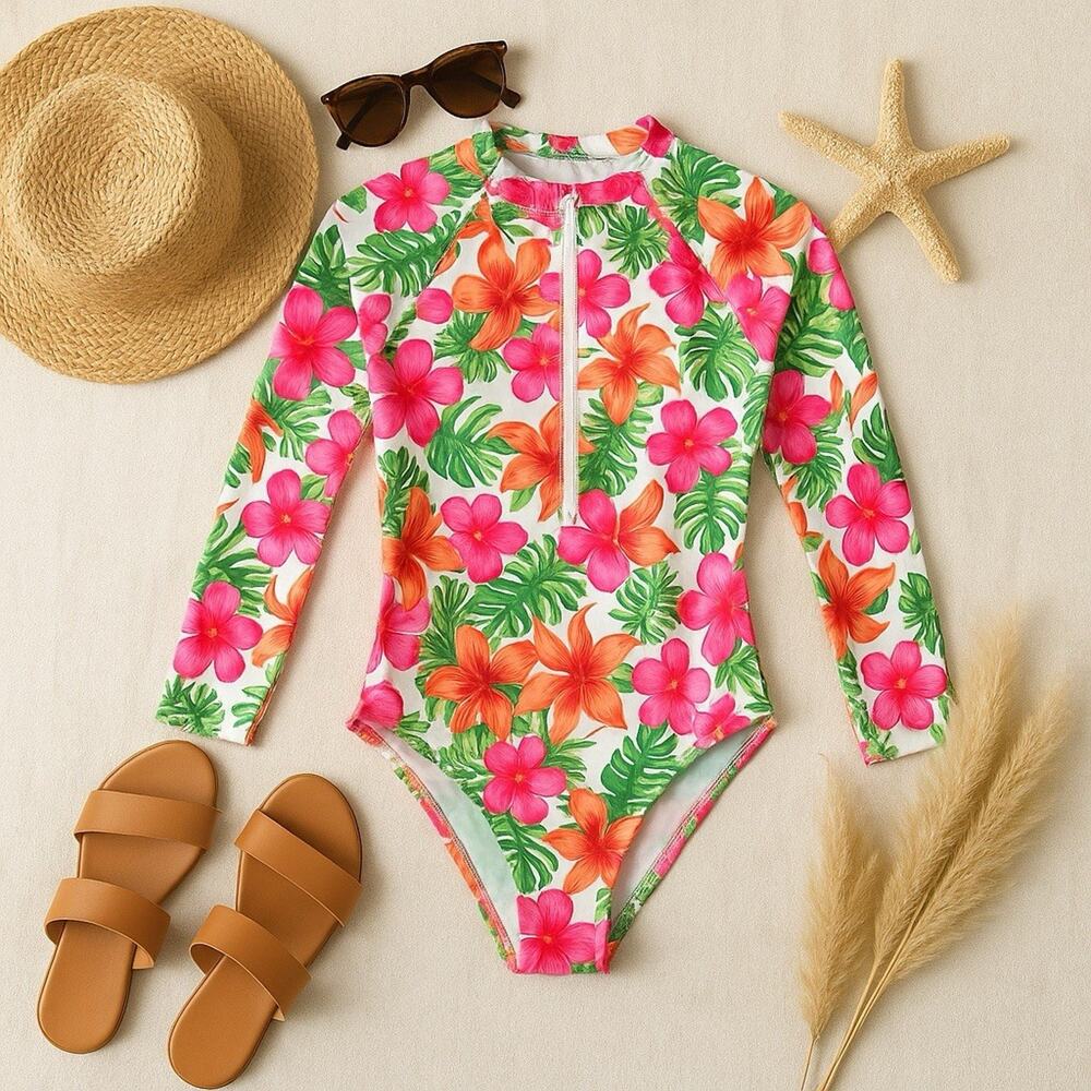 Tropical Floral Long Sleeve Zip Bodysuit Rashguard One Piece Swimsuit Girls XL